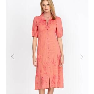 Johnny Was Size Medium Midi Dress Orla Puff Sleeve Embroidered Orange Preppy